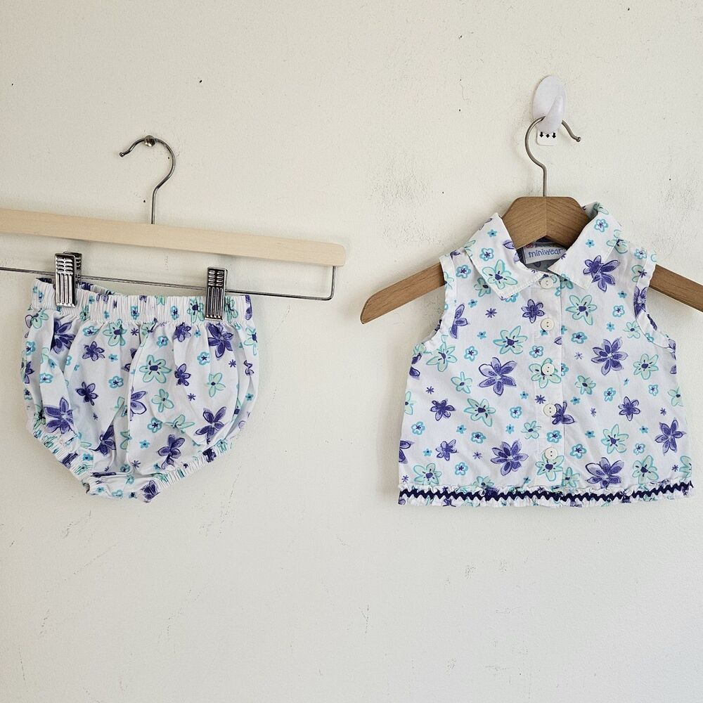 Vintage Mini Wear Baby Girl 3-6M Top & Diaper Cover Set Purple Floral Cotton EUC